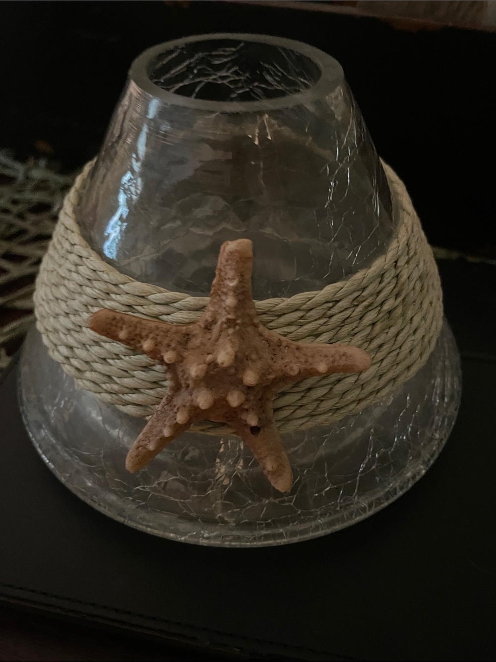 Coastal Starfish Glass Shade/Topper fwith Rope Accent - Beige Starfish